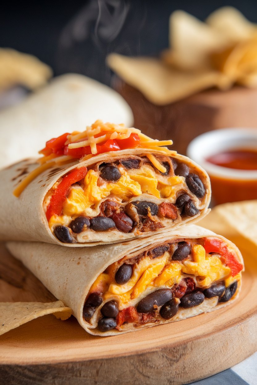 Indoor photo of a sliced whole-wheat burrito revealing black beans, scrambled eggs, and sautéed peppers, steam rising slightly, no text or logos