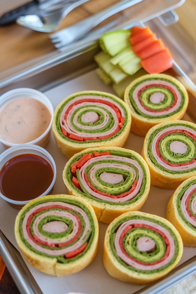 An indoor lunchbox scene showing pinwheel sandwich rounds filled with layers of colorful shredded veggies and deli turkey, arranged like sushi pieces. No logos. Photo.