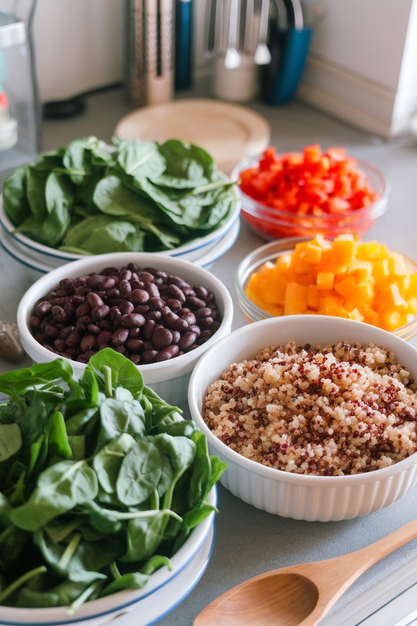 Photo of an indoor kitchen counter filled with bowls of raw spinach, black beans, quinoa, and diced bell peppers ready for assembly; bright daylight; no text or logos.