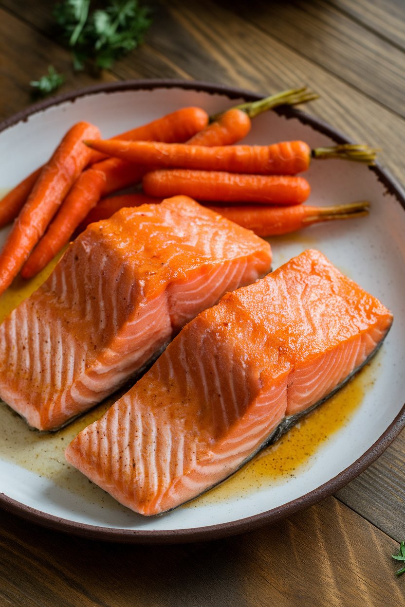 An indoor dinner table with a ceramic plate showcasing glistening salmon fillets brushed with a golden maple-mustard glaze, accompanied by roasted baby carrots. No text or logos appear on dishware.