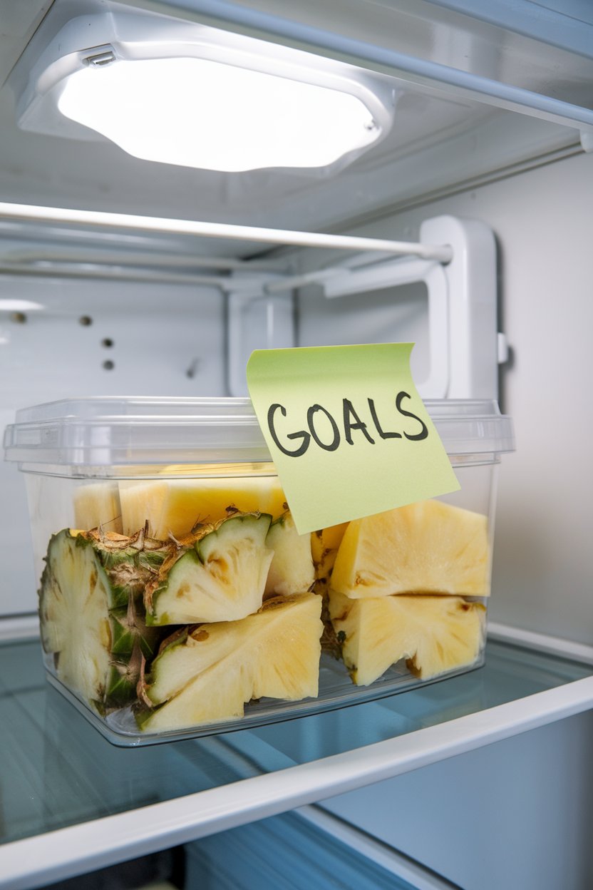 Photo of an indoor refrigerator door with a sticky note saying “Goals” next to a clear container of cut pineapple; fridge light; no text or logos.
