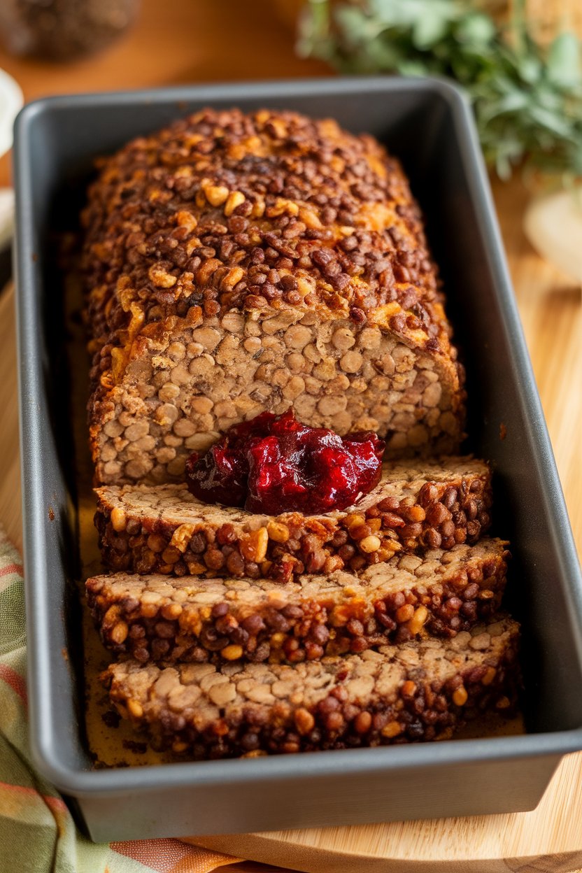 A loaf pan of sliced lentil and nut roast on an indoor platter, cranberry chutney drizzled on top, warm lighting. No text or logos. Photo only.