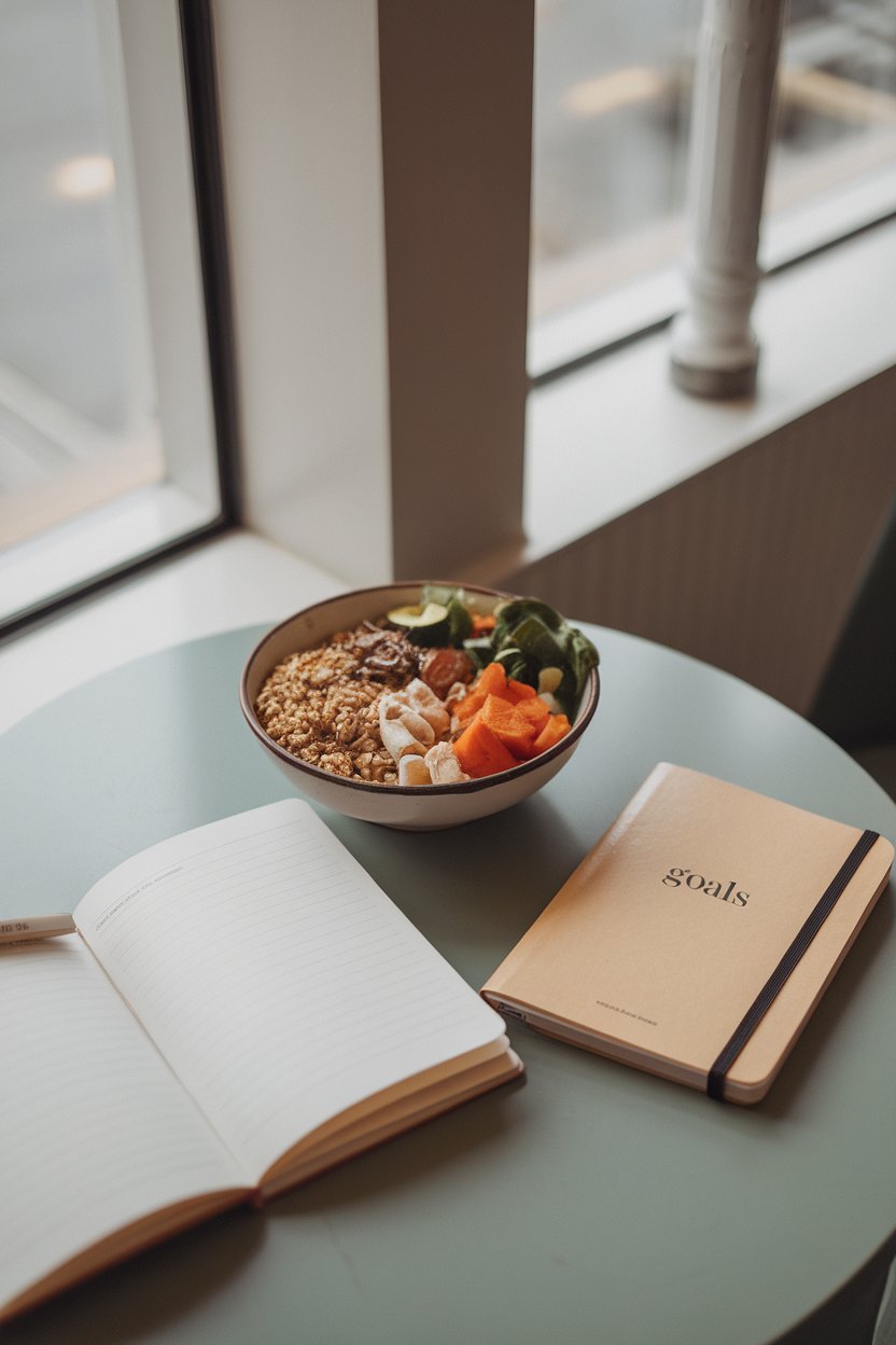 Photo of an indoor café table with a modest grain bowl and a notebook labeled “Goals”; soft morning light; no text or logos.