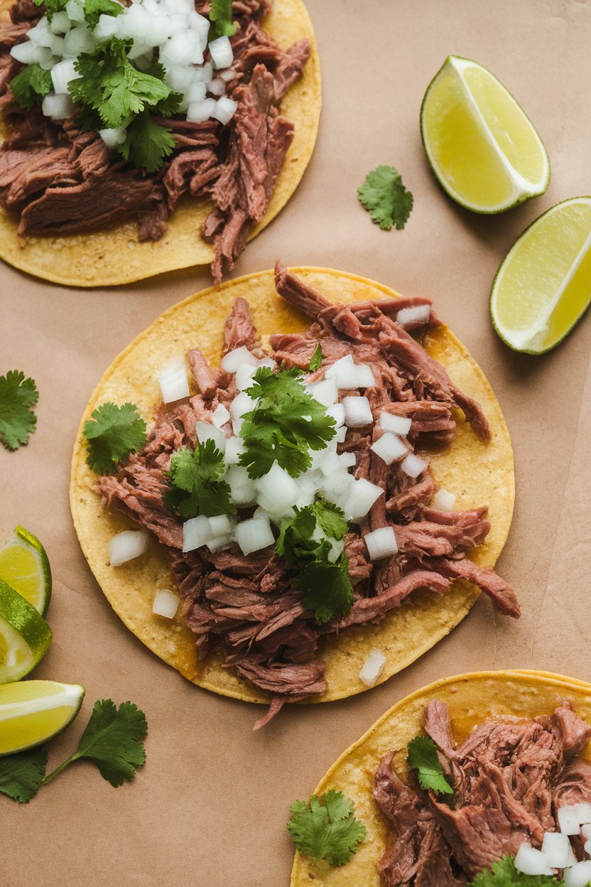 Indoor photo of corn tortillas topped with juicy shredded beef, diced onions, and cilantro, lime wedges on the side, no text or logos