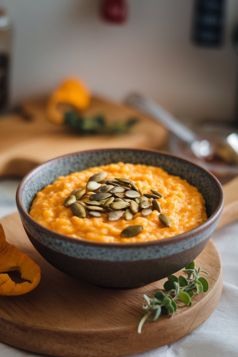 Indoor food photo of creamy orange rice porridge in a bowl, topped with toasted pumpkin seeds; no text or logos.
