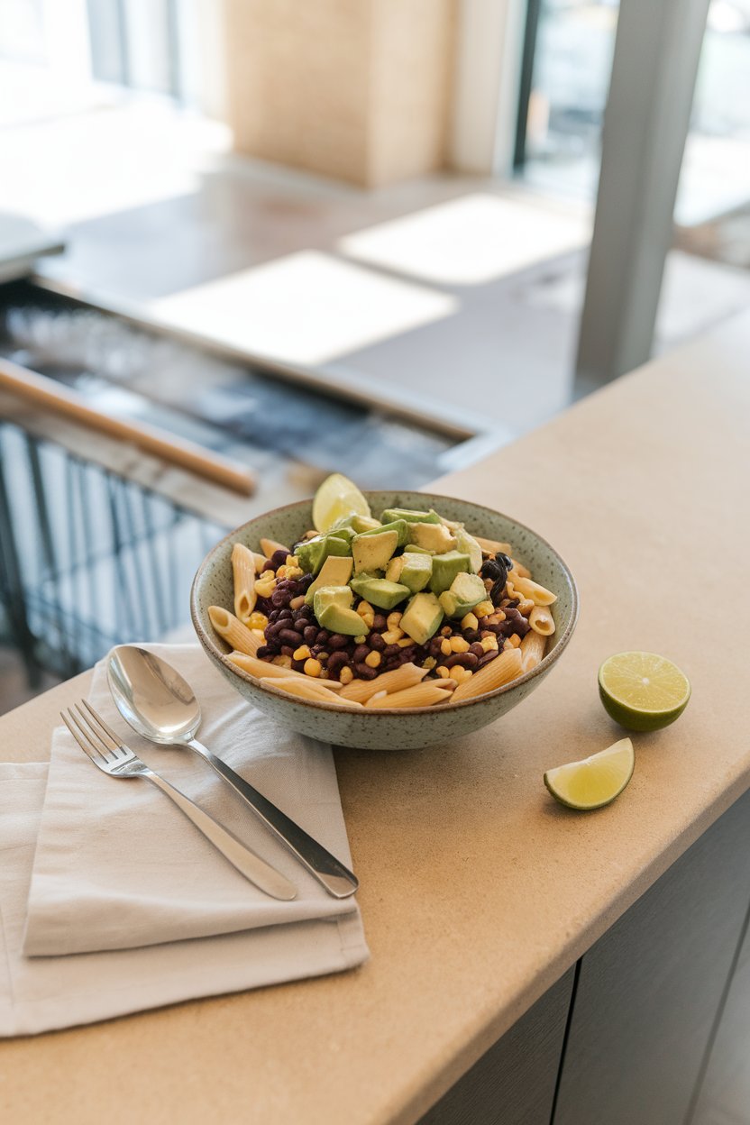 An indoor counter showing penne with diced avocado, black beans, corn, and lime wedges; no text or logos.