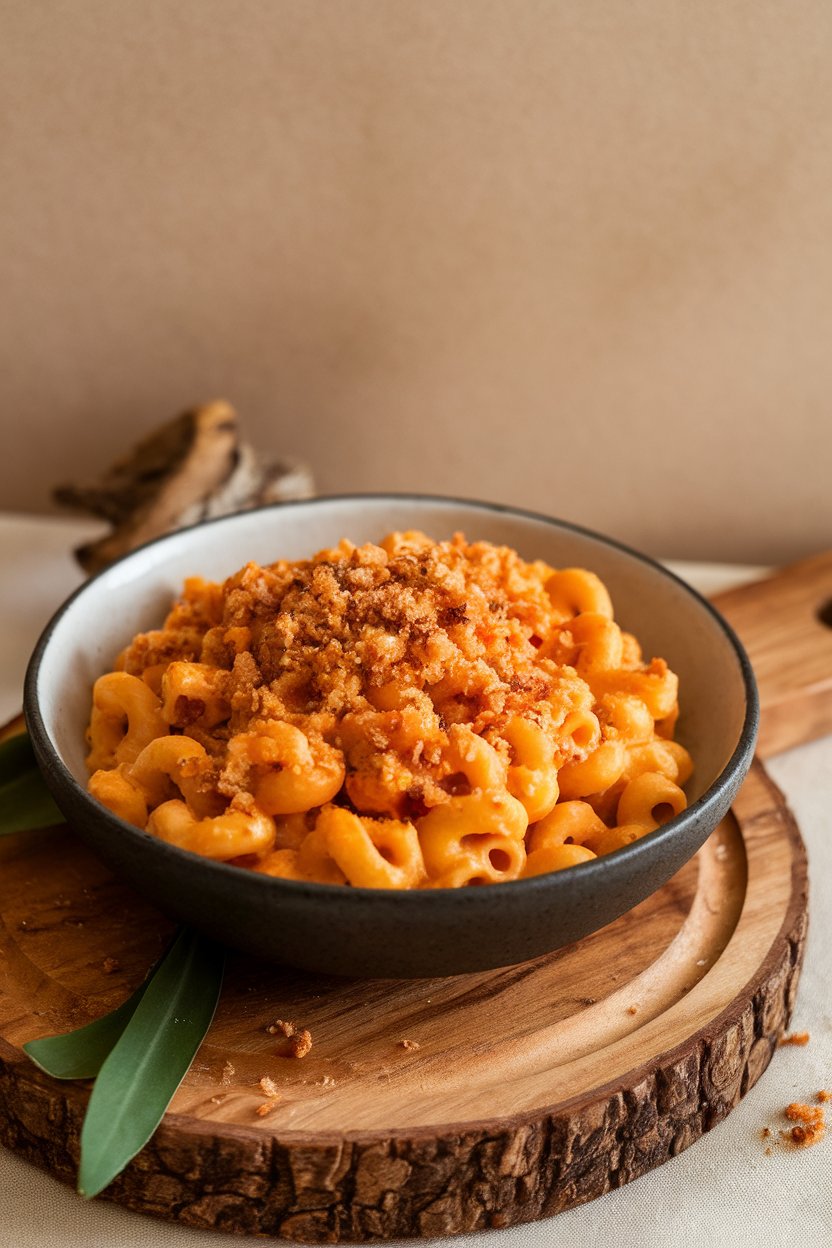 An indoor tabletop featuring a creamy bowl of macaroni coated in orange butternut squash sauce, topped with breadcrumbs. No logos. Photo.
