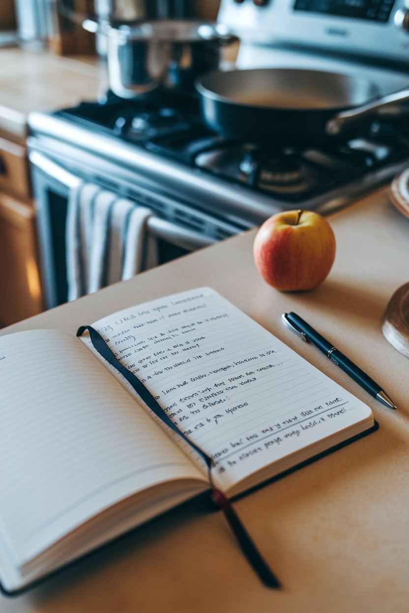 An open journal on a kitchen island with handwritten meal entries and a pen, apple nearby, no readable text.
