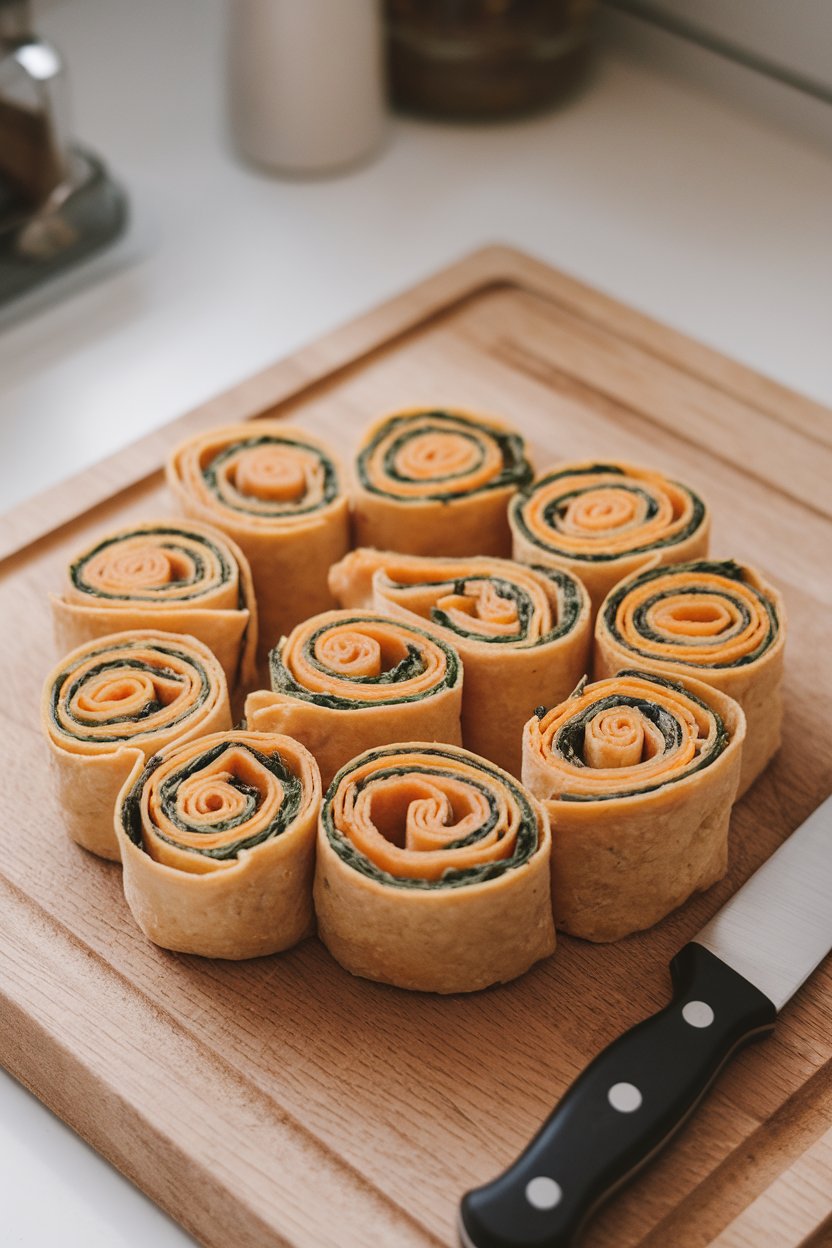 A wood cutting board indoors displaying tortilla pinwheels showing spirals of turkey, cheddar, and spinach. No text or logos.