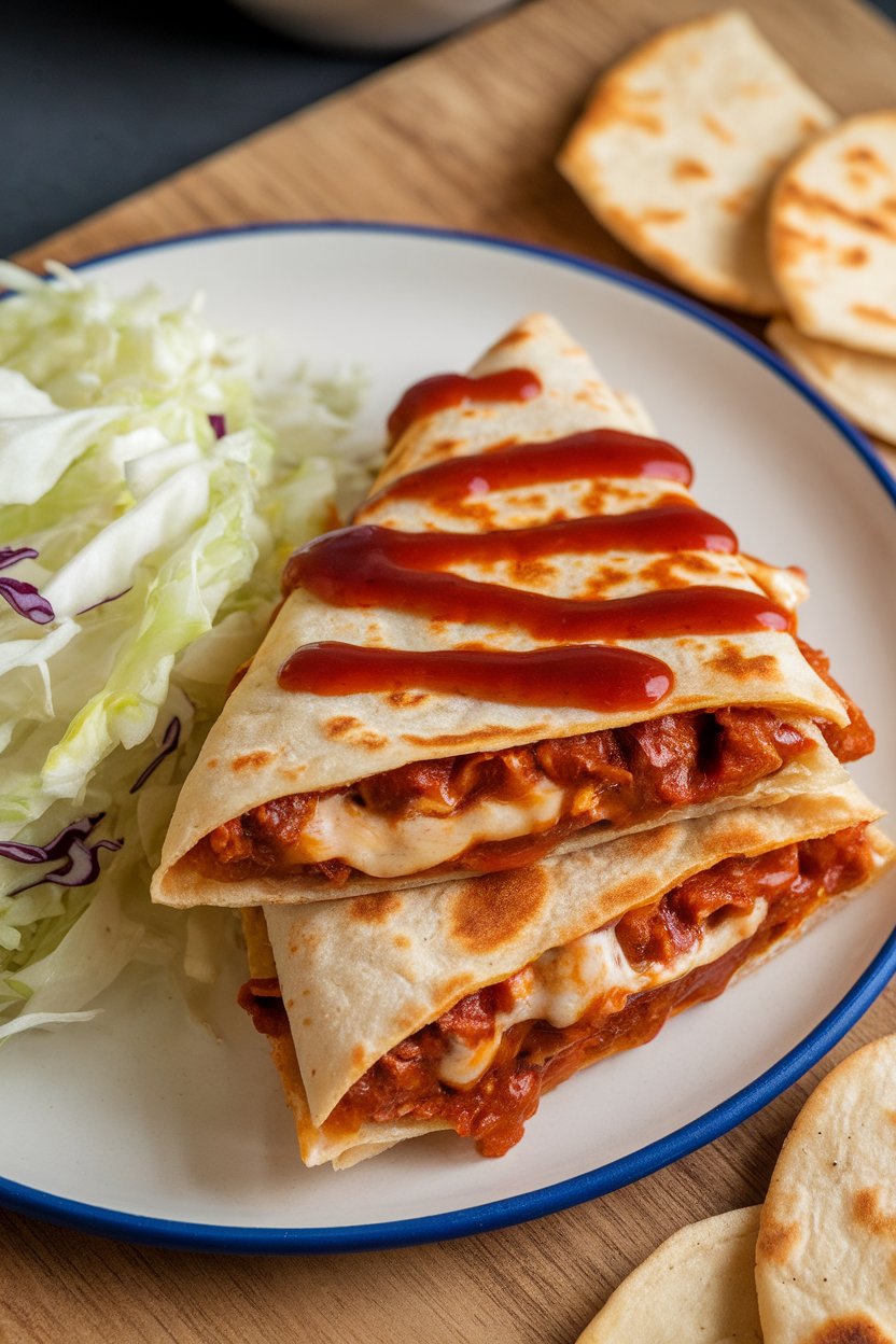 Indoor vegan plate, BBQ tempeh quesadilla with side of cabbage slaw, photo, no text or logos.