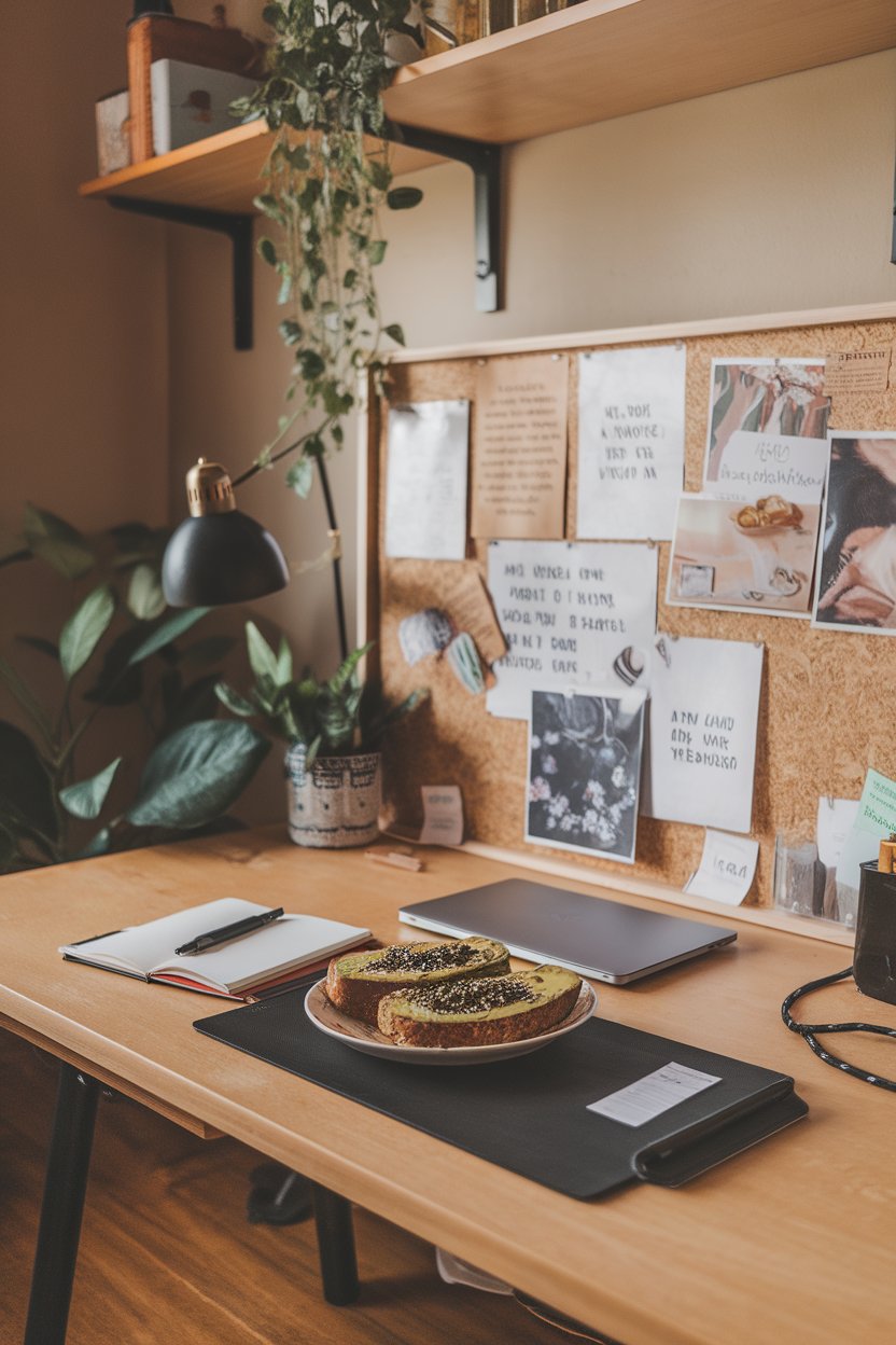Photo of an indoor home office desk with a vision board and a bowl of avocado toast sprinkled with seeds; natural daylight; no text or logos.