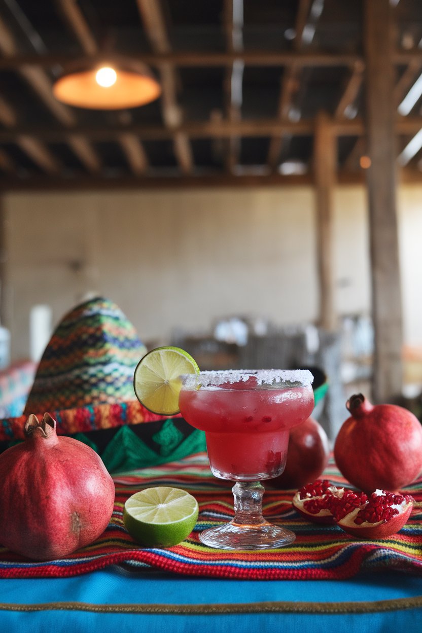 An indoor fiesta table with a coupe of ruby Pomegranate Margarita, lime wheel and salt rim. No text or logos.