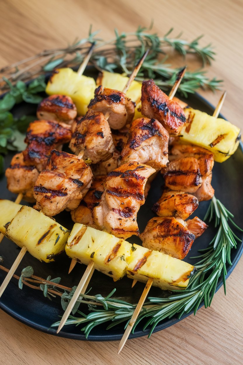 An indoor platter of grilled chicken and pineapple skewers brushed with chili-lime glaze, grill marks visible. No logos in shot.