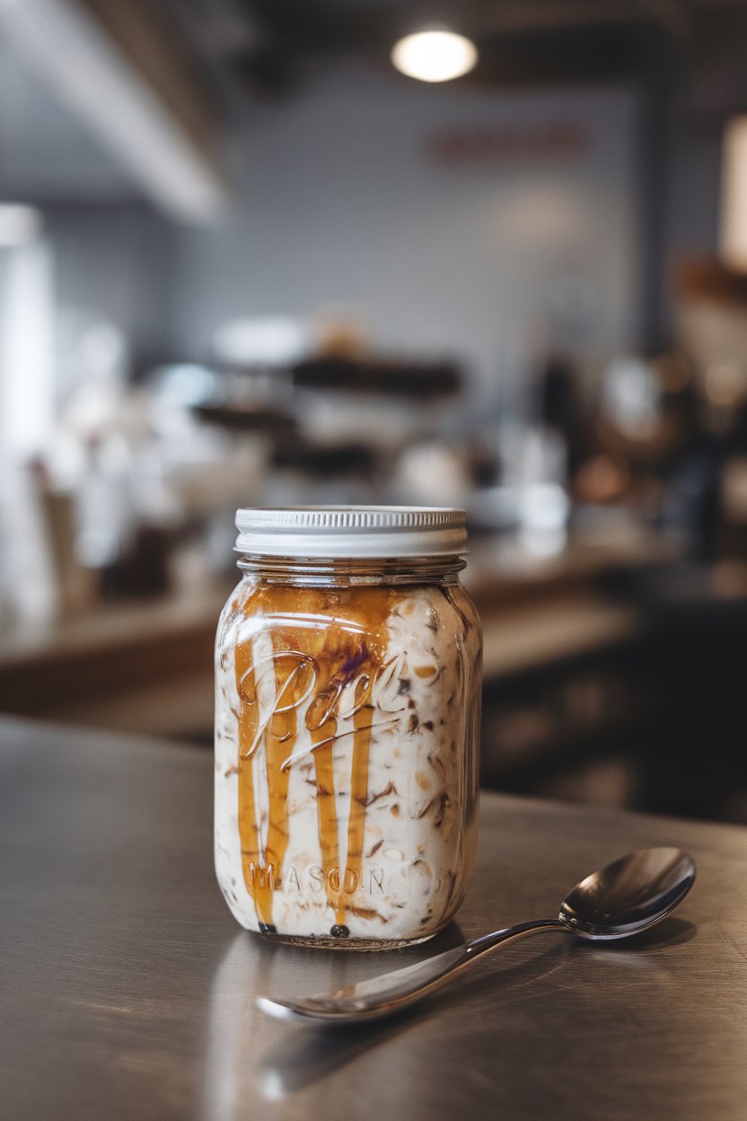 Indoor café counter photo of a mason jar containing coffee-infused oats with a drizzle of maple syrup pooling on the surface and a spoon alongside. No text or logos. Photo only.