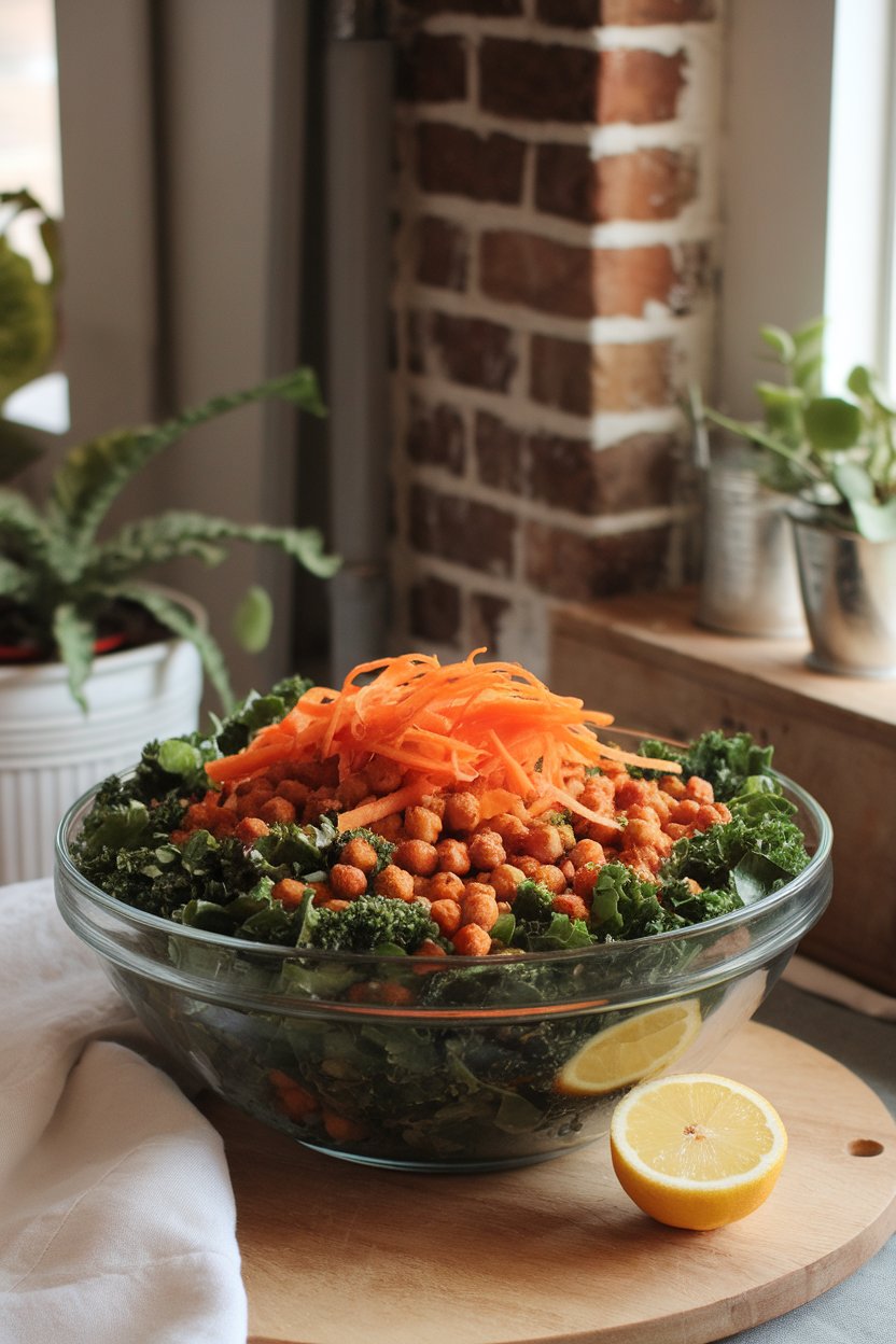 An indoor salad bowl brimming with massaged kale, roasted chickpeas, and thin carrot ribbons, a lemon wedge on the side. No text or logos. Photo, not illustration.