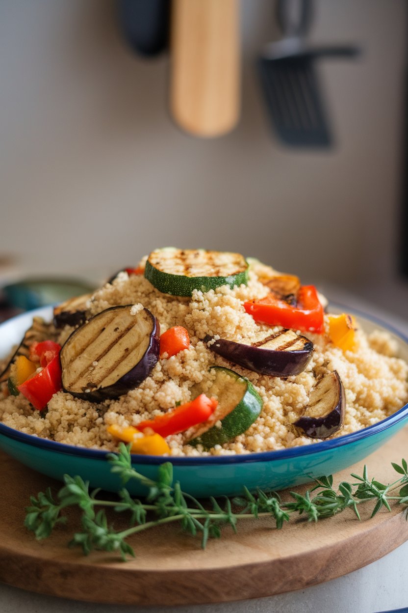 Photo of an indoor serving dish with fluffy couscous mixed with grilled zucchini, eggplant, and peppers, no text or logos