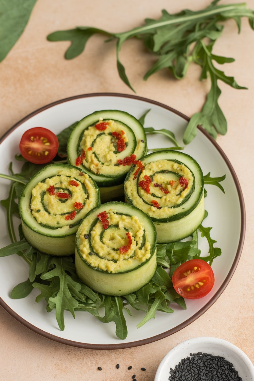 Indoor plate of cucumber slices rolled around avocado mash with red pepper flakes—no text or logos.