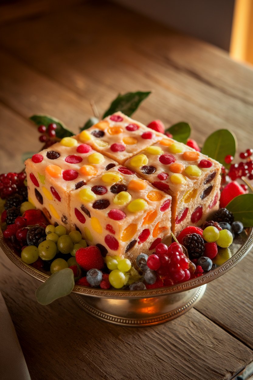 Indoor platter of cubed fruitcake studded with colorful candied fruit, lightly glazed. No text or logos. Photo only.