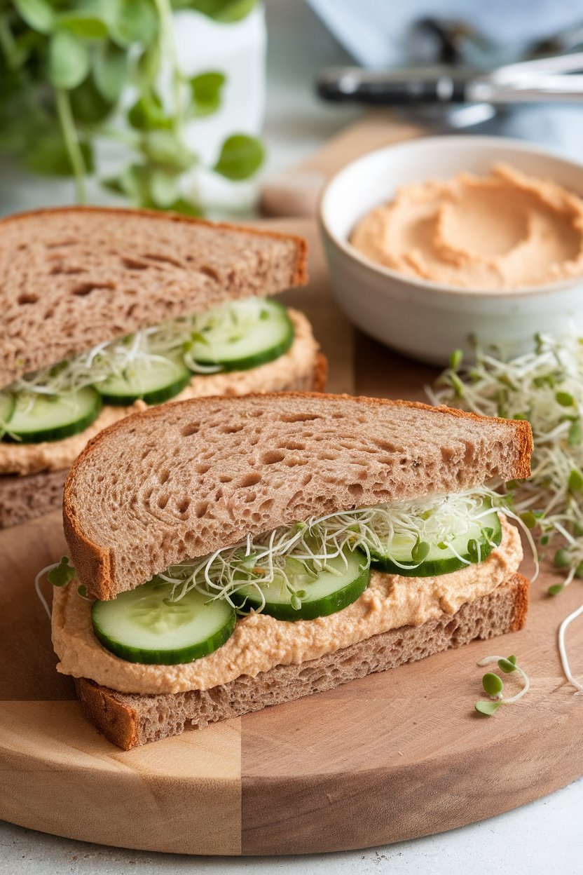 Photo of whole-grain sandwich halves spread with hummus and layered with cucumber rounds and sprouts, shot indoors at lunchtime. No text or logos on napkins or plates.