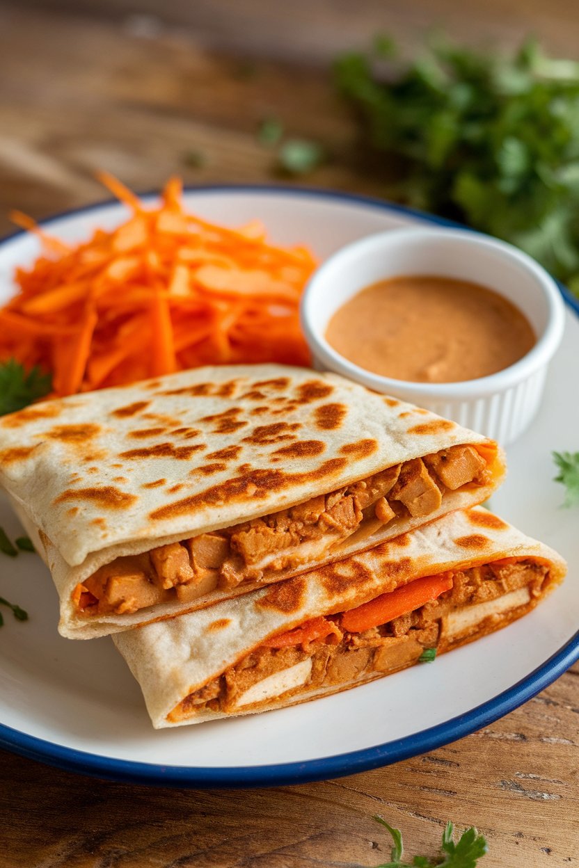 Indoor vegetarian plate, spicy peanut tofu quesadilla with shredded carrots visible, photo, no text or logos.
