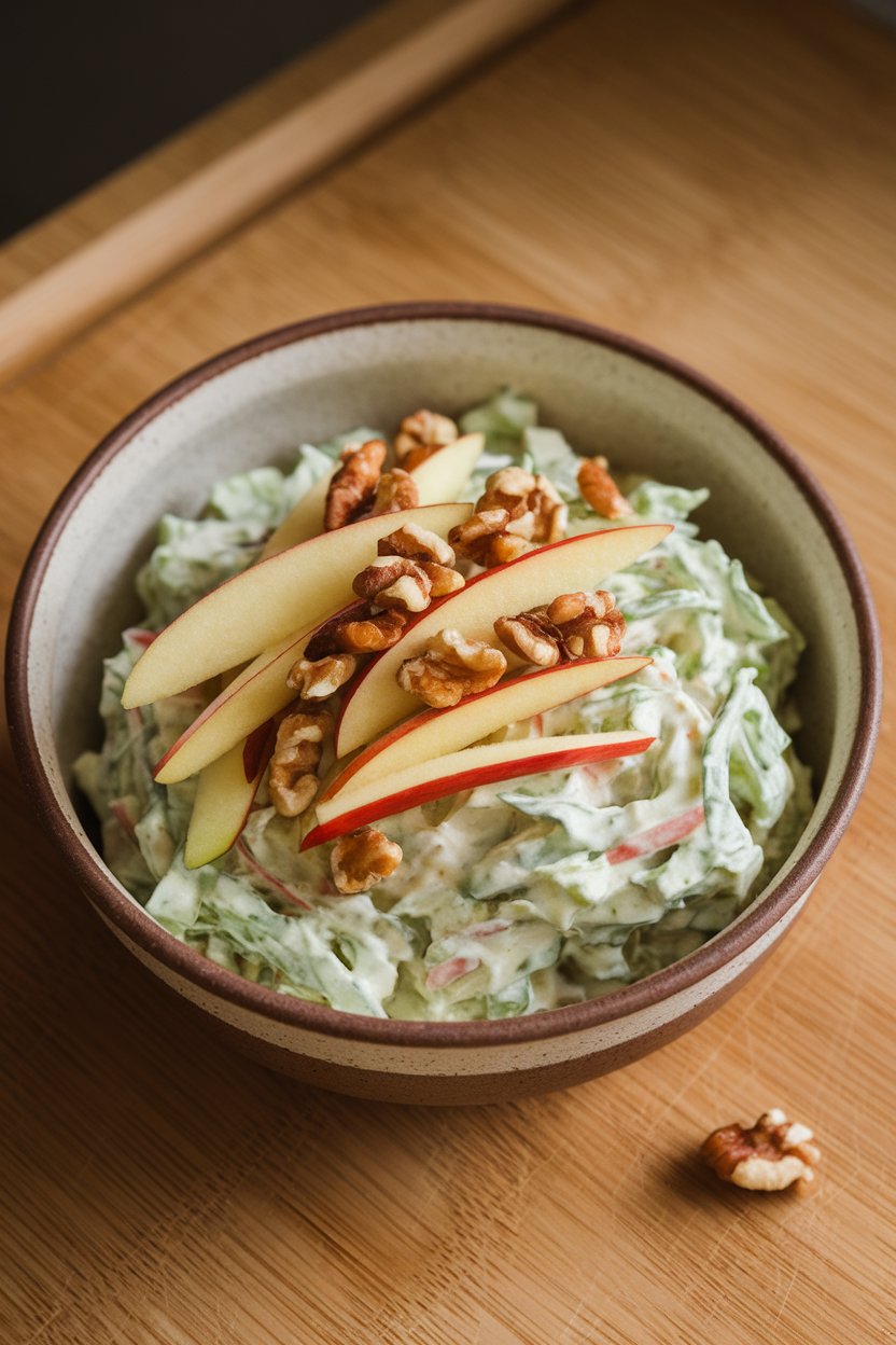 Ceramic bowl indoors containing creamy coleslaw with julienned apples and chopped walnuts, no branding. Photo only.