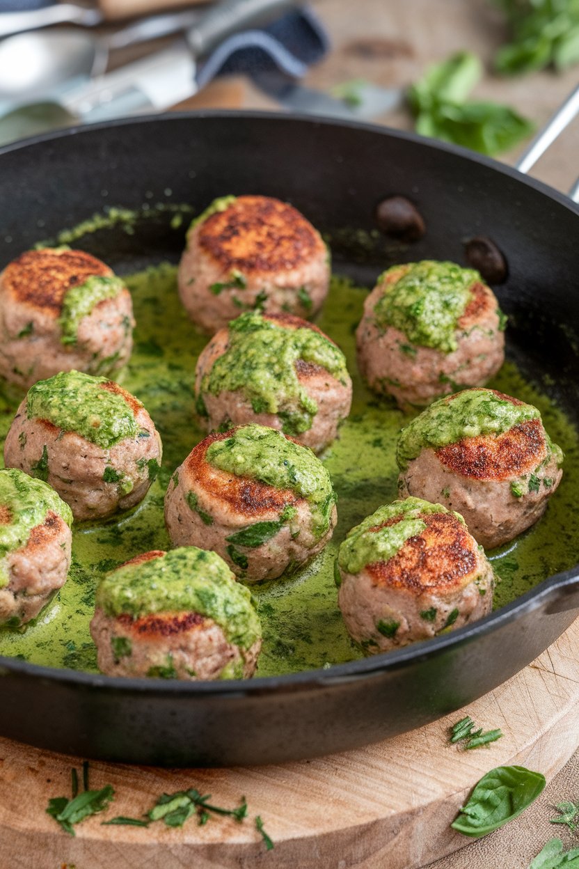 Indoor skillet of browned turkey meatballs coated with green pesto sauce. No visible branding or text.