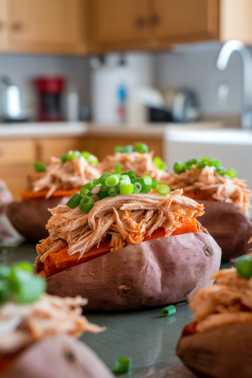 Indoor countertop showing halved baked sweet potatoes piled high with shredded BBQ chicken and topped with diced green onions. Photo, no text or logos present.