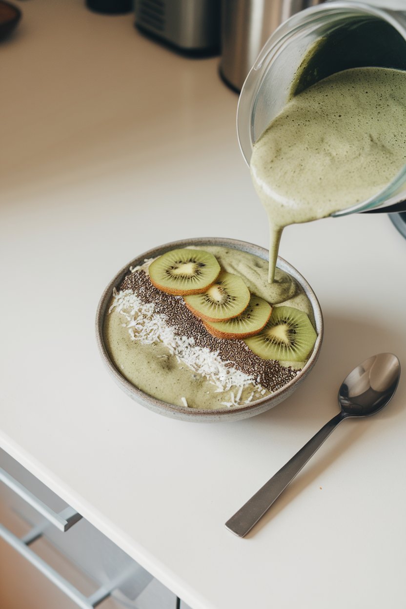 An indoor kitchen counter displaying a thick green smoothie poured into a shallow bowl, topped with kiwi slices, chia seeds, and shredded coconut. Soft overhead lighting, no text or logos. Photo.