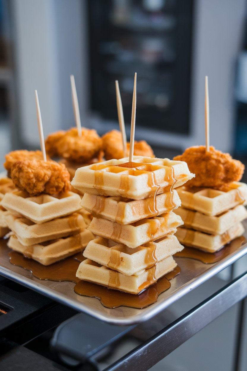 Toothpick-secured stacks of mini waffle squares and chicken nuggets with a drizzle of maple syrup on an indoor tray. No text or logos. Photo.