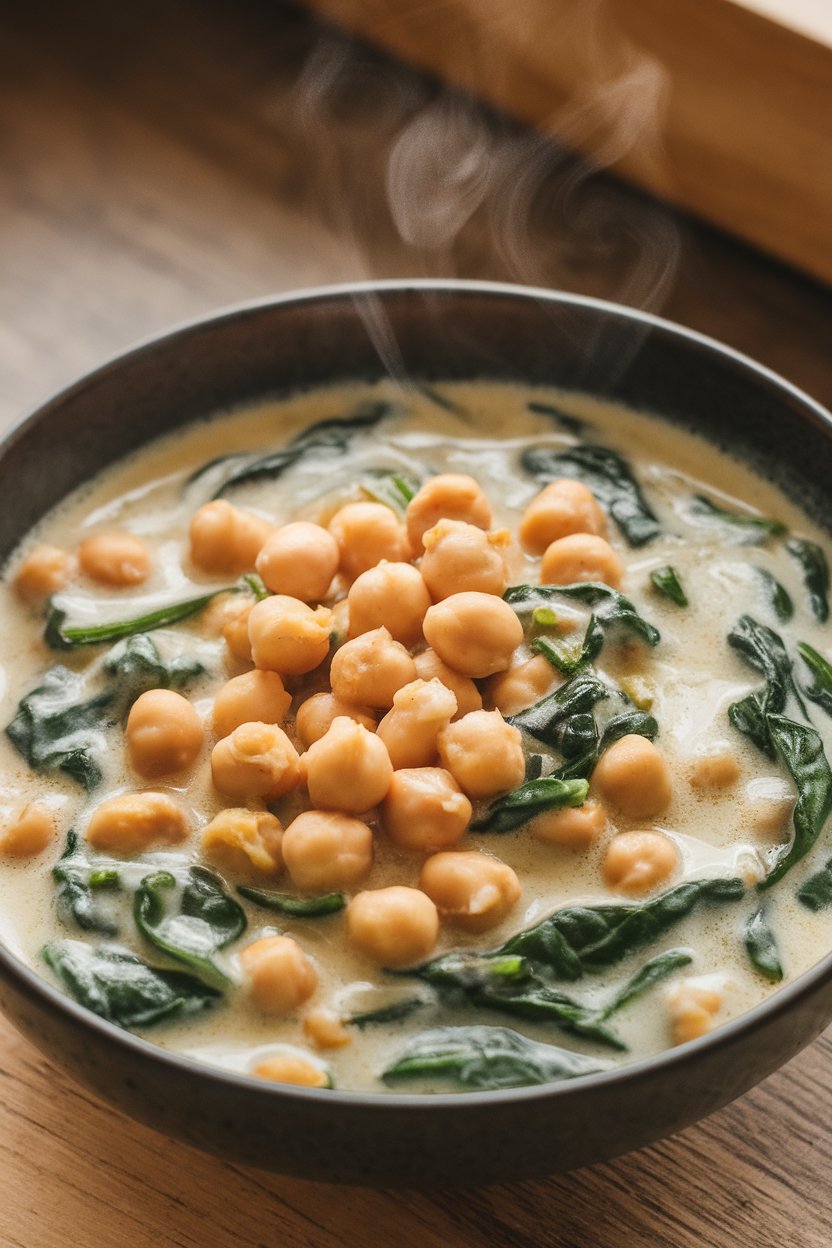 Indoor photo of a bowl of creamy coconut chickpea stew with spinach; steam visible, no text or logos