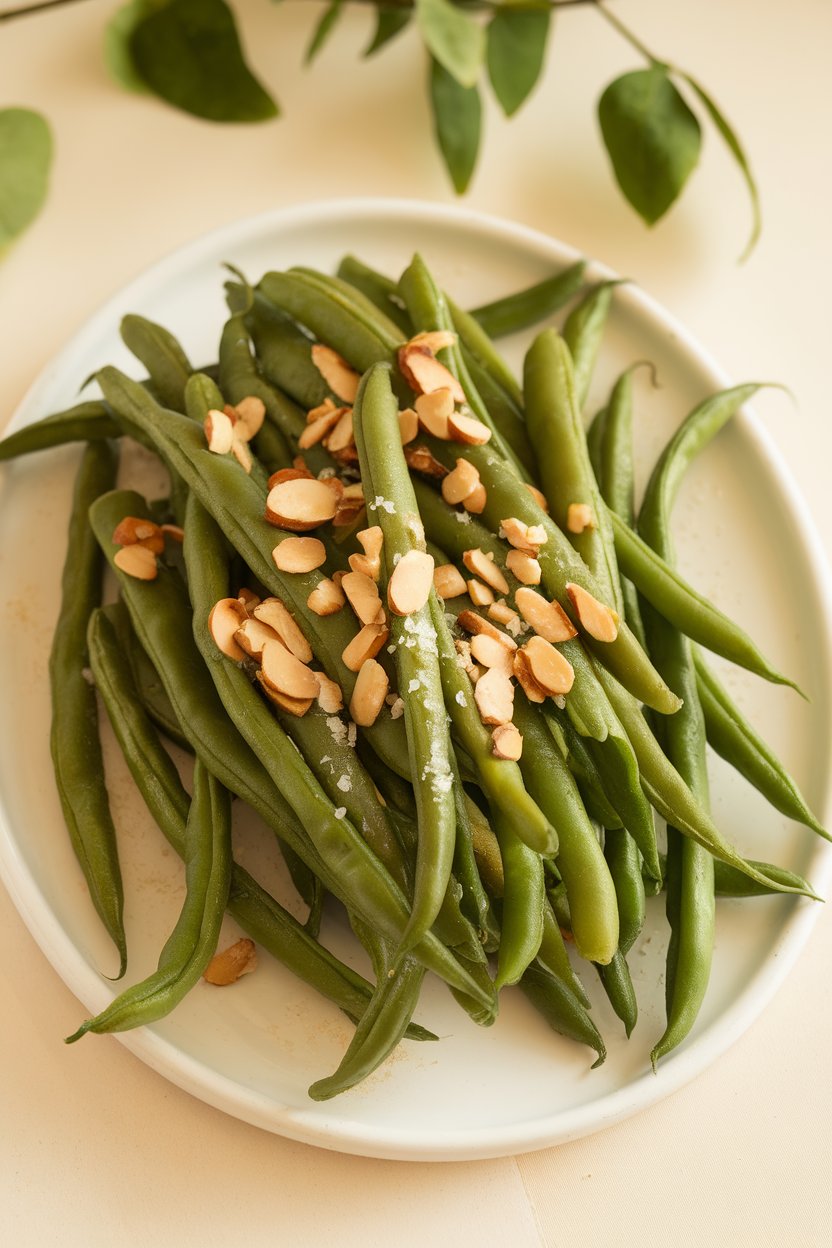 Indoor photo of tender green beans on a white platter sprinkled with golden toasted almond slices, a hint of sea salt visible. No text or logos; photo.