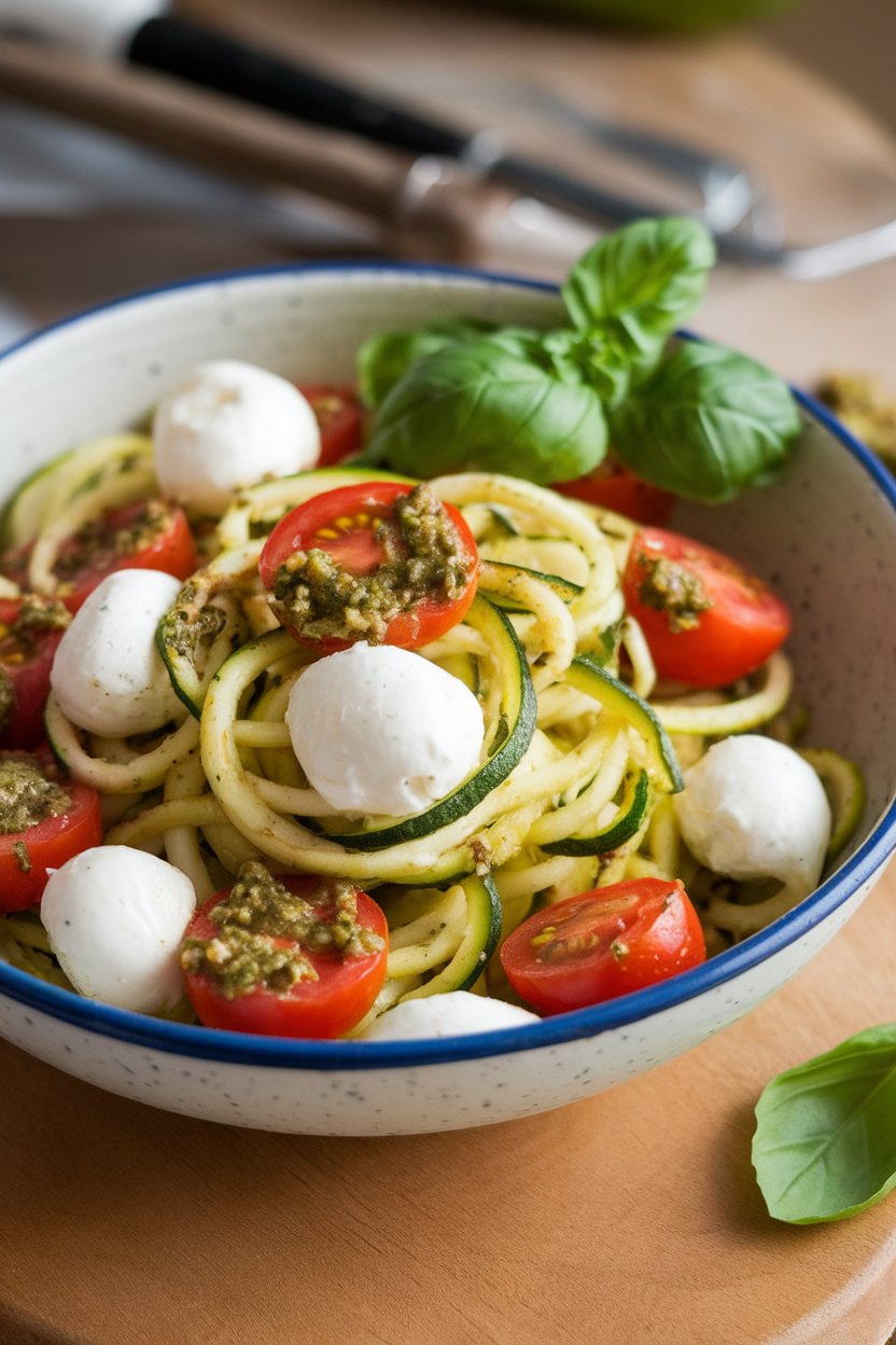 Indoor photo of zucchini noodles tossed with cherry tomatoes, fresh mozzarella pearls, and basil pesto in a bowl. No text or logos.
