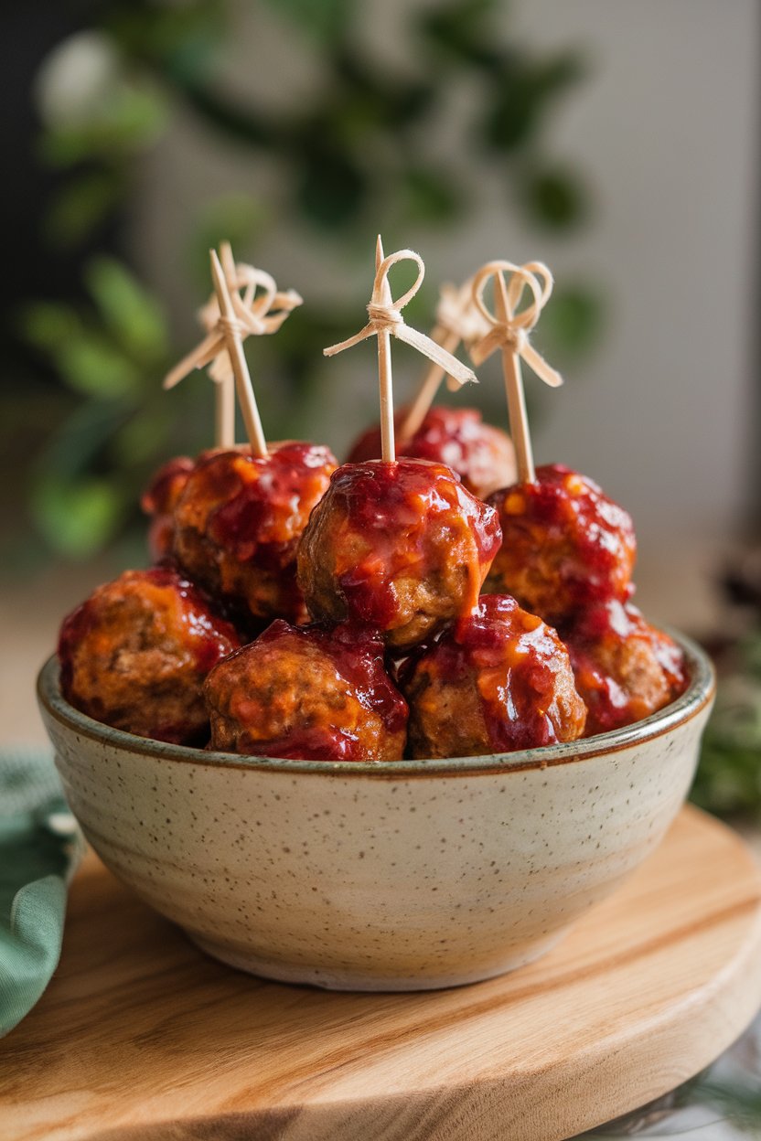 A ceramic bowl indoors piled with glazed bite-size meatballs, cranberry-orange sauce clinging, toothpicks on the side—no text or logos. Photo.
