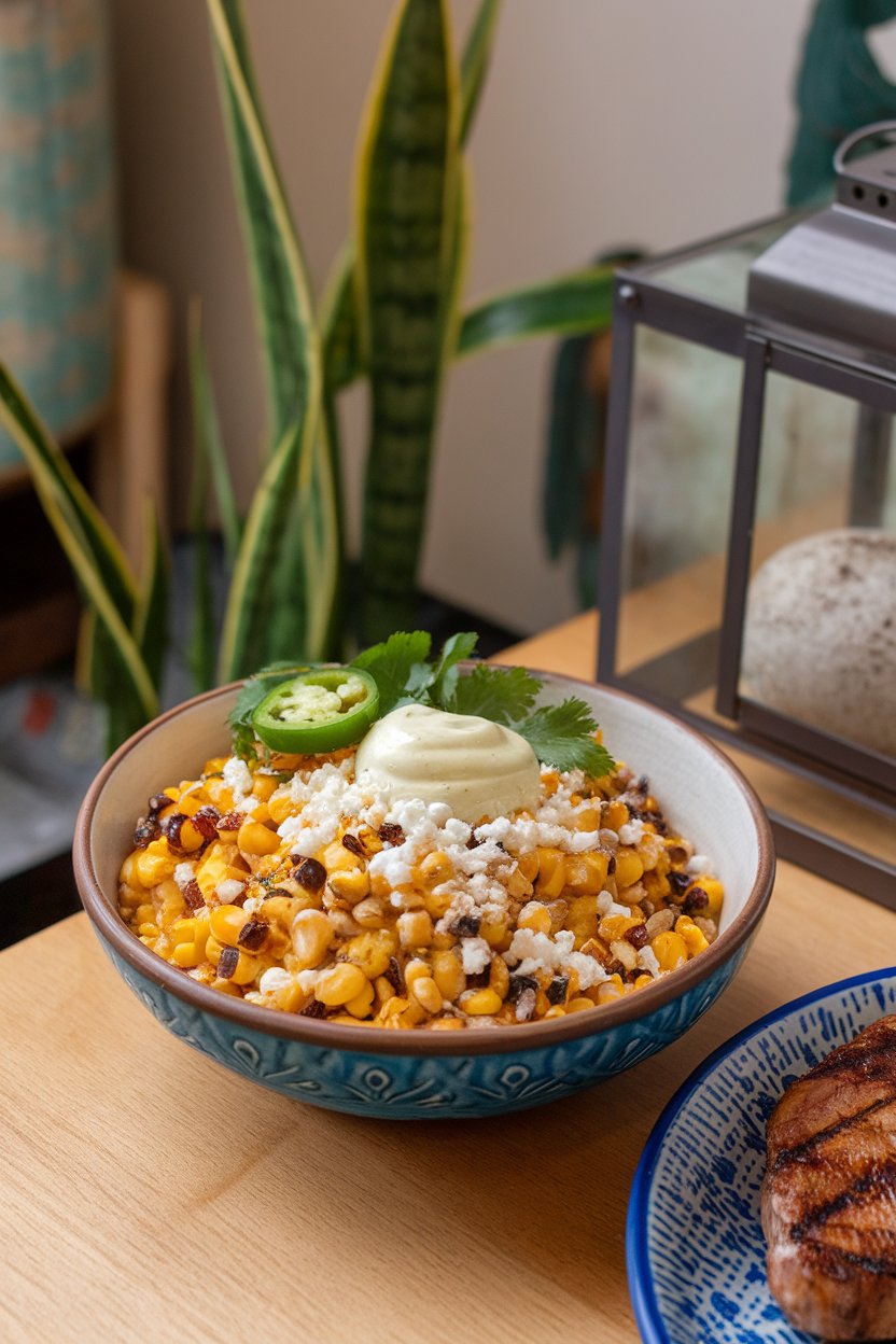 Indoor table featuring a bowl of charred corn kernels mixed with cotija cheese, diced jalapeño, cilantro, and lime crema. Photo only, no text or logos.