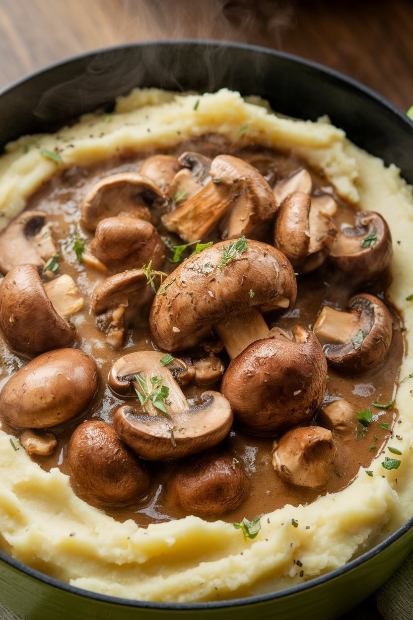 An indoor casserole dish of rich brown mushroom stew over mashed potatoes, steam rising gently; photo only, no text or logos.