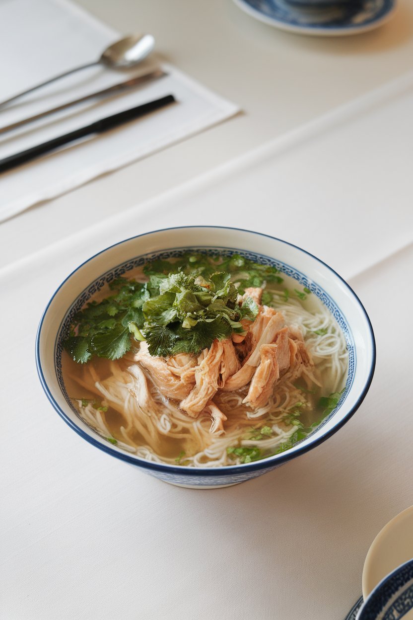 Indoor dining table with a porcelain bowl of pho ga, clear broth, rice noodles, shredded chicken, and herbs on top. No text or logos. Photo.