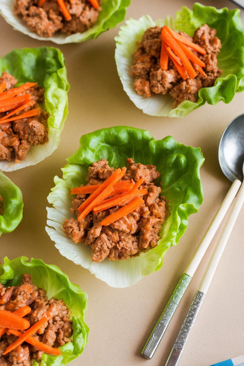 A tabletop indoor scene with crisp butter-lettuce cups filled with ground turkey in peanut sauce, shredded carrots on top; no brand names.