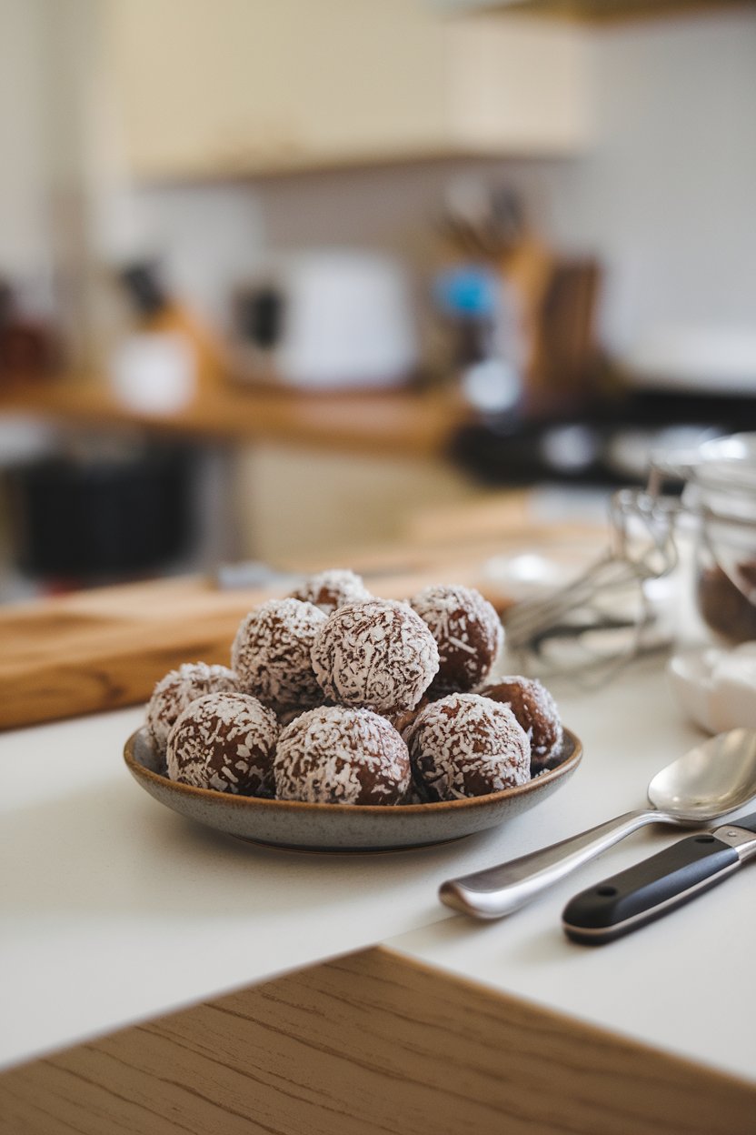 Photo prompt: Indoor countertop with a small plate of round energy balls coated in shredded coconut, no text or logos visible.