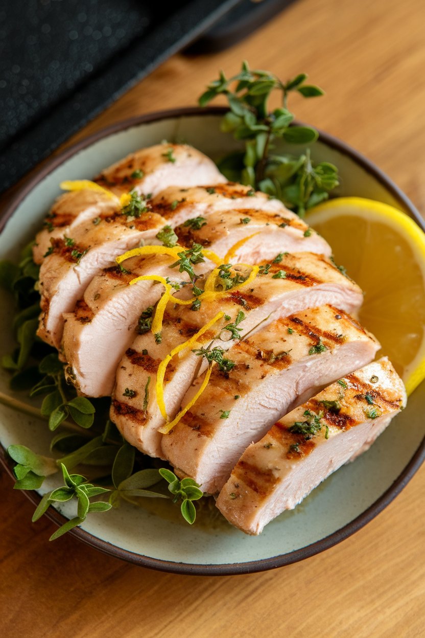 Indoor tabletop scene showing sliced grilled chicken breast with light grill marks, topped with lemon zest and fresh herbs on a small plate. Warm overhead lighting, no visible text or logos.