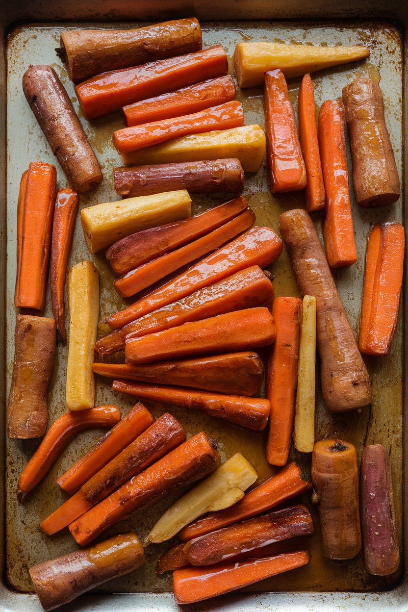 An indoor baking sheet crowded with caramelized carrots, parsnips, and sweet potatoes glazed in maple syrup; photo only, no text or logos.