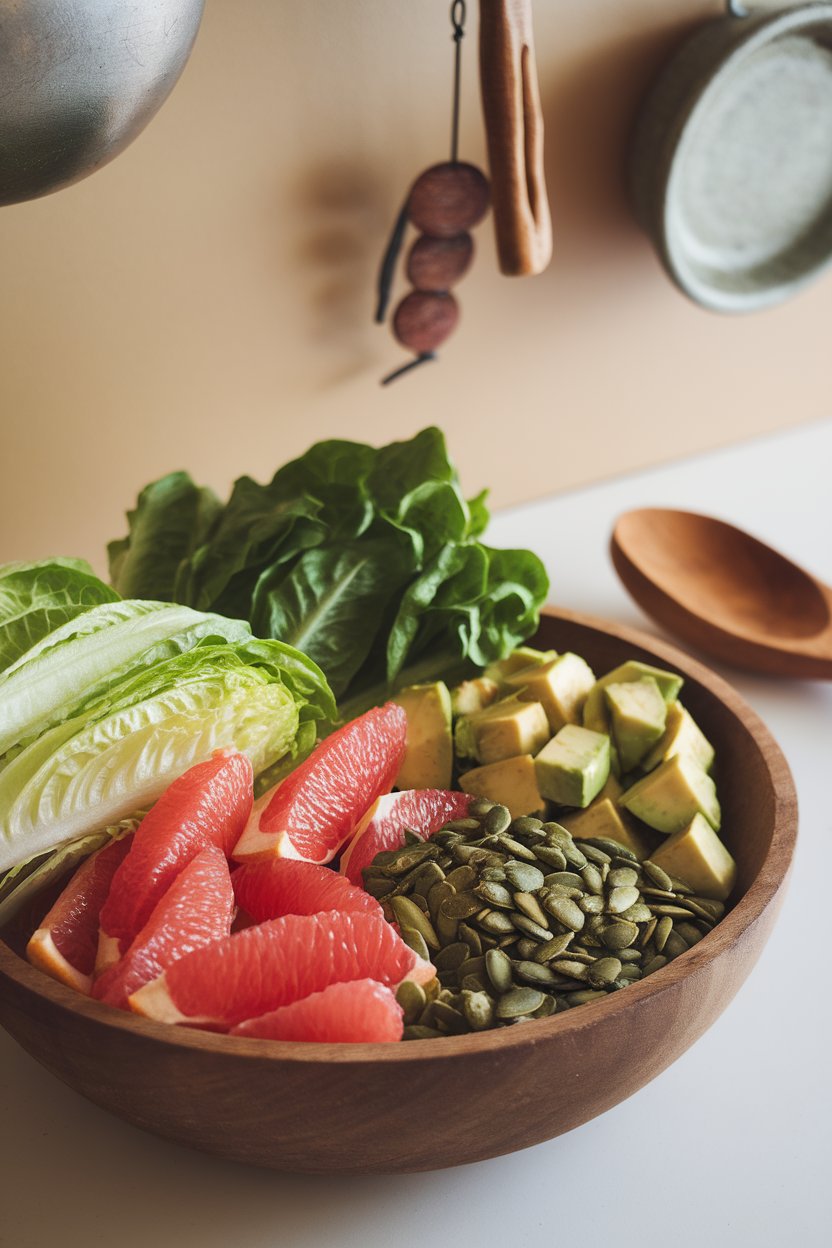 Photo of chopped romaine, grapefruit segments, avocado cubes, and toasted pumpkin seeds in an indoor setting, no text or logos.