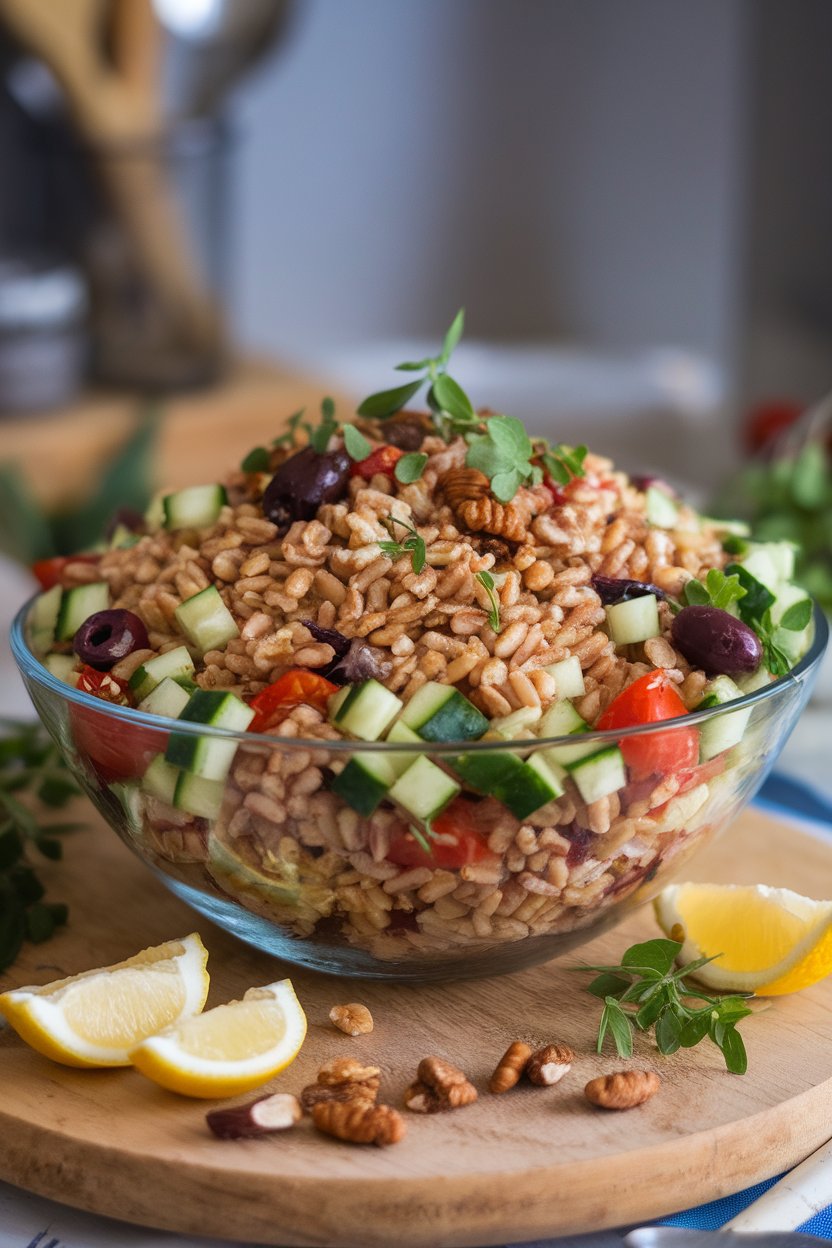 Photo, indoors, wide salad bowl filled with farro, diced cucumber, cherry tomatoes, olives, and fresh herbs. No text or logos.