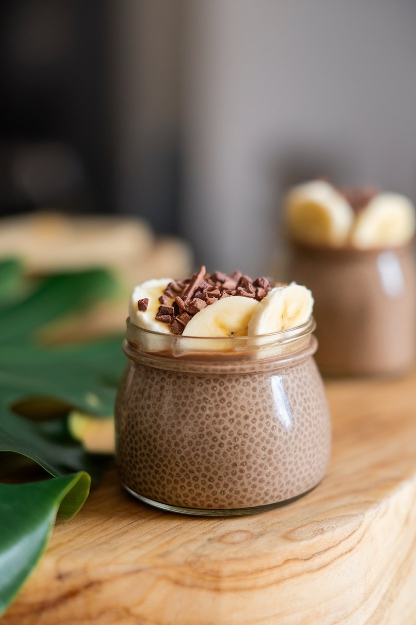Indoor photo of a small jar of chocolate chia pudding topped with banana slices and cacao nibs; no text or logos.