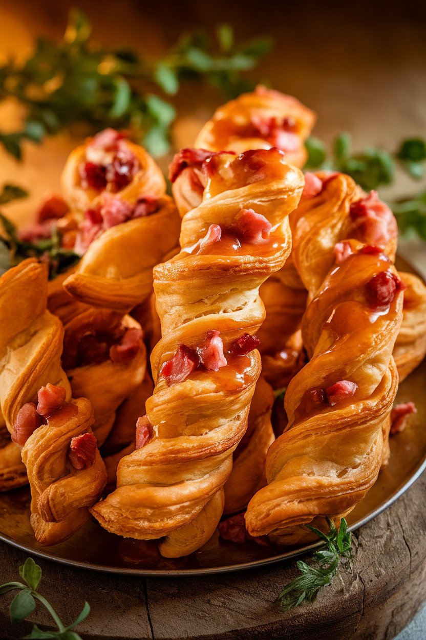 A platter of golden puff pastry twists dotted with ham flecks and glazed with apple butter. No text or logos.
