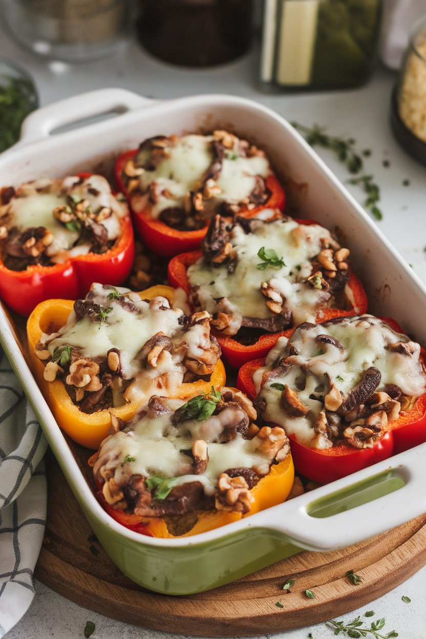 Indoor casserole dish featuring halved bell peppers stuffed with mushroom-walnut mix, topped with melted cheese. No logos.