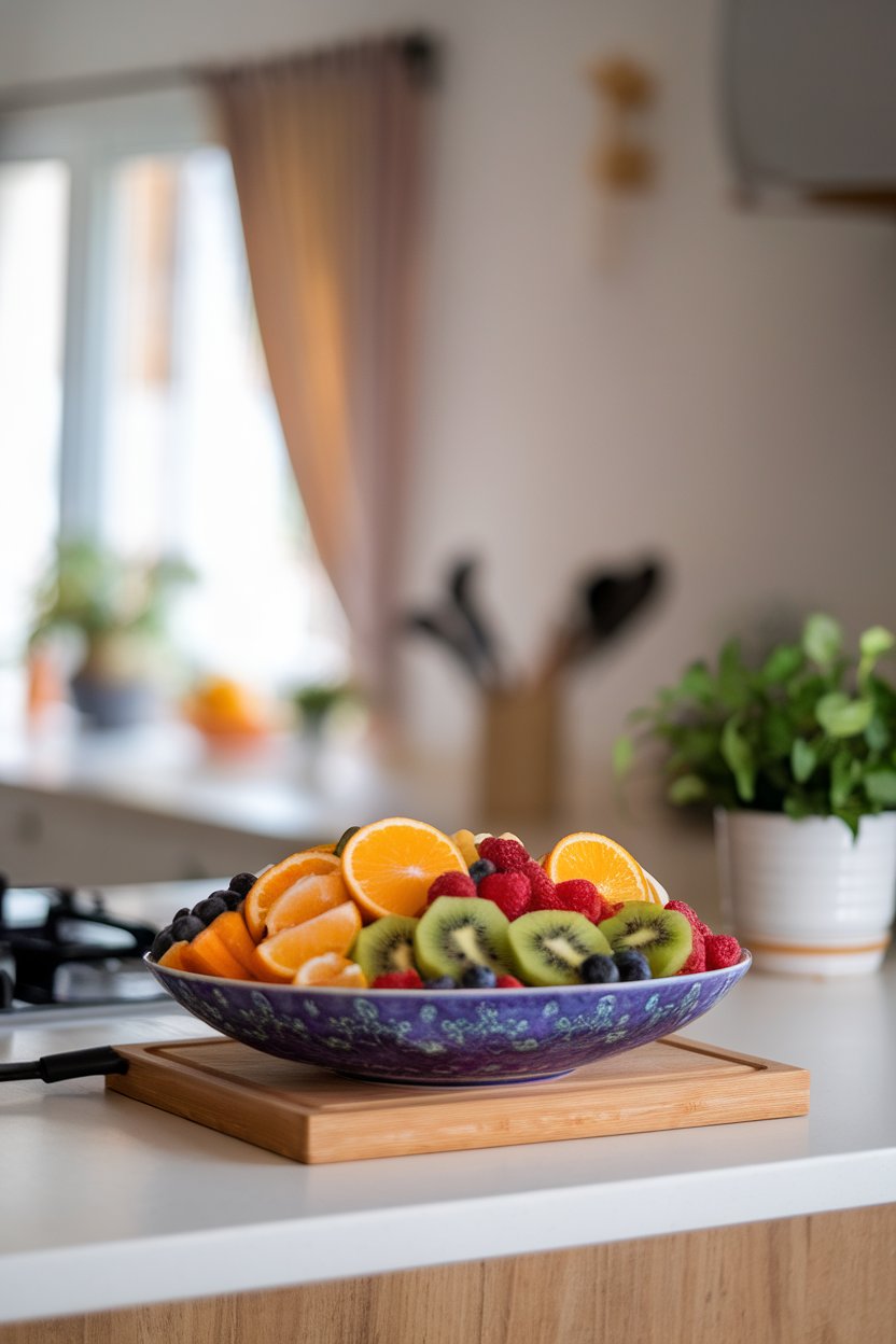 Indoor photo of a colorful fruit bowl filled with sliced kiwi, berries, and citrus segments, kitchen island setting, no text or logos