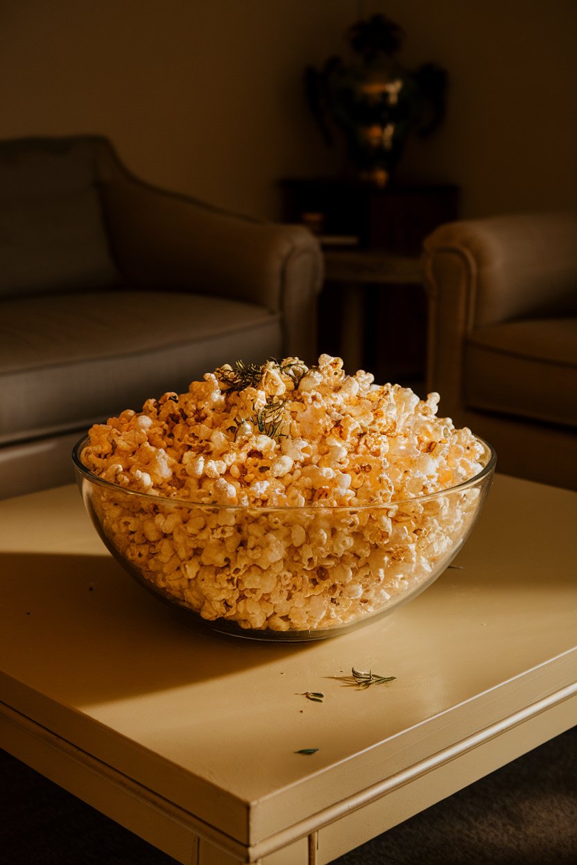 Indoor living-room coffee table photo with a large bowl of plain popcorn sprinkled with herbs, no text or logos.