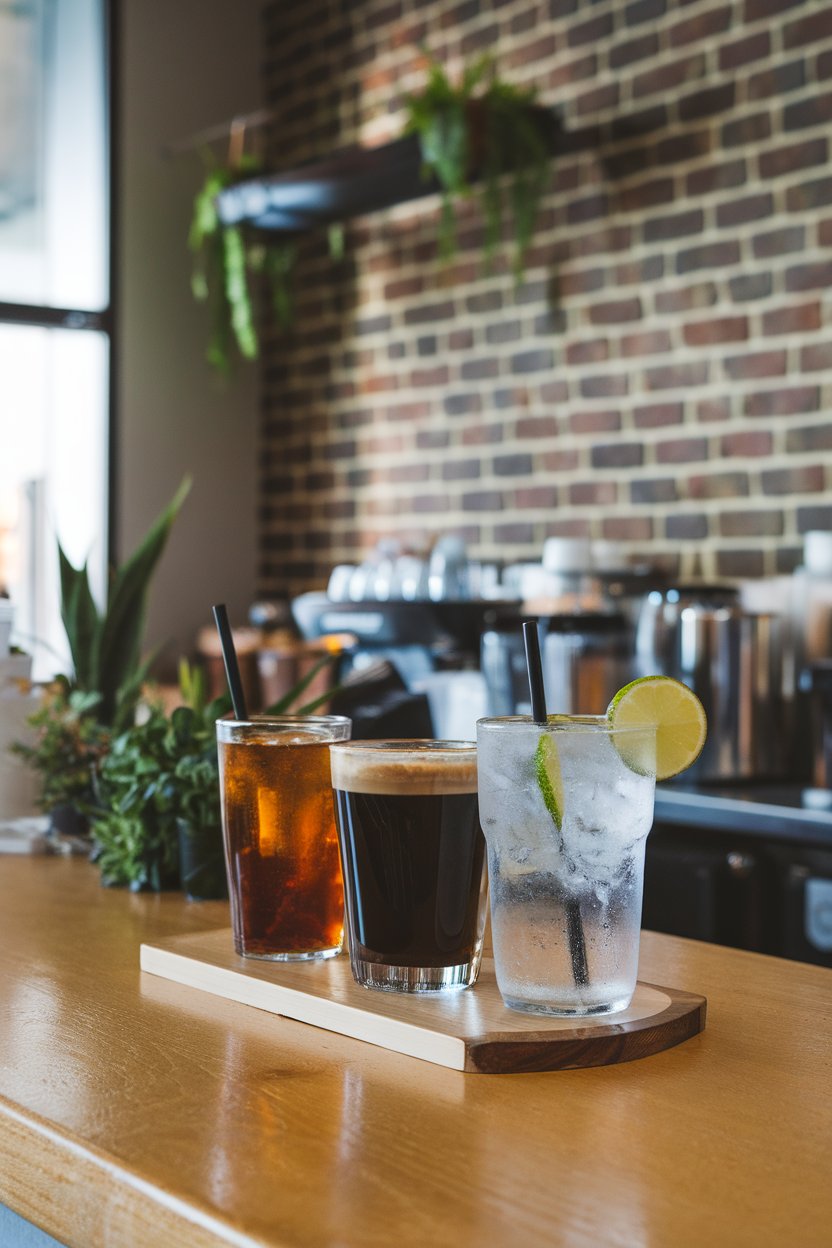 Indoor café counter holding plain iced tea, black coffee, and sparkling water with lime, all in clear glasses. No text or logos, photo not illustration.