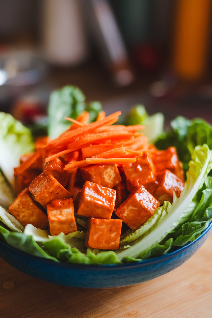 Indoor photo of romaine leaves filled with sweet chili glazed tofu cubes and shredded carrots. No text or logos.