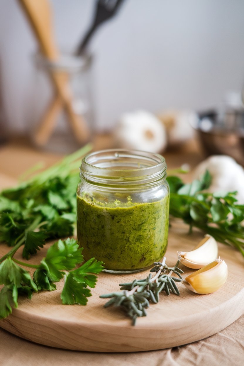 Indoor wooden board holding a jar of green chimichurri vinaigrette, parsley, oregano, and garlic cloves scattered around. Photo, not illustration. No text or logos.